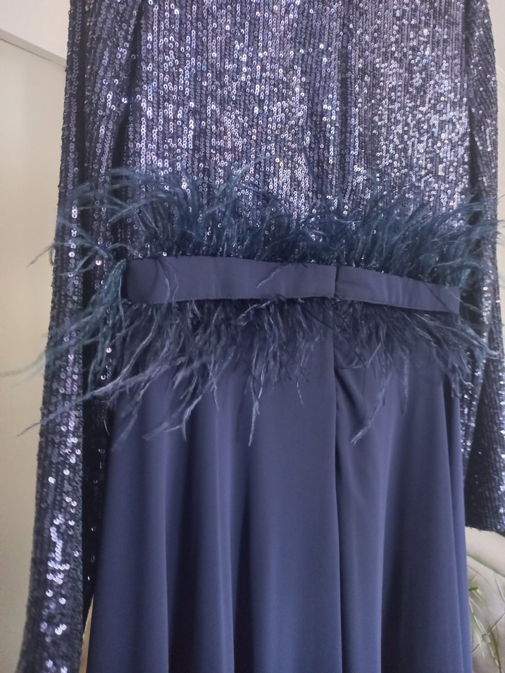 Uzun Kollu Lacivert Drapeli Abiye Elbise - Görsel 3