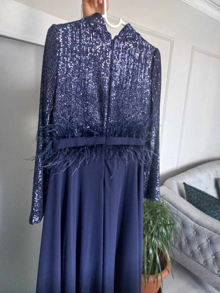 Uzun Kollu Lacivert Drapeli Abiye Elbise - Görsel 4