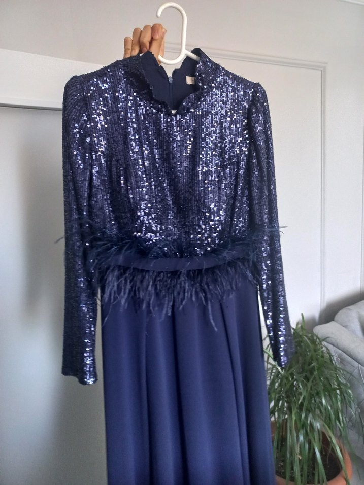 Uzun Kollu Lacivert Drapeli Abiye Elbise - Görsel 2