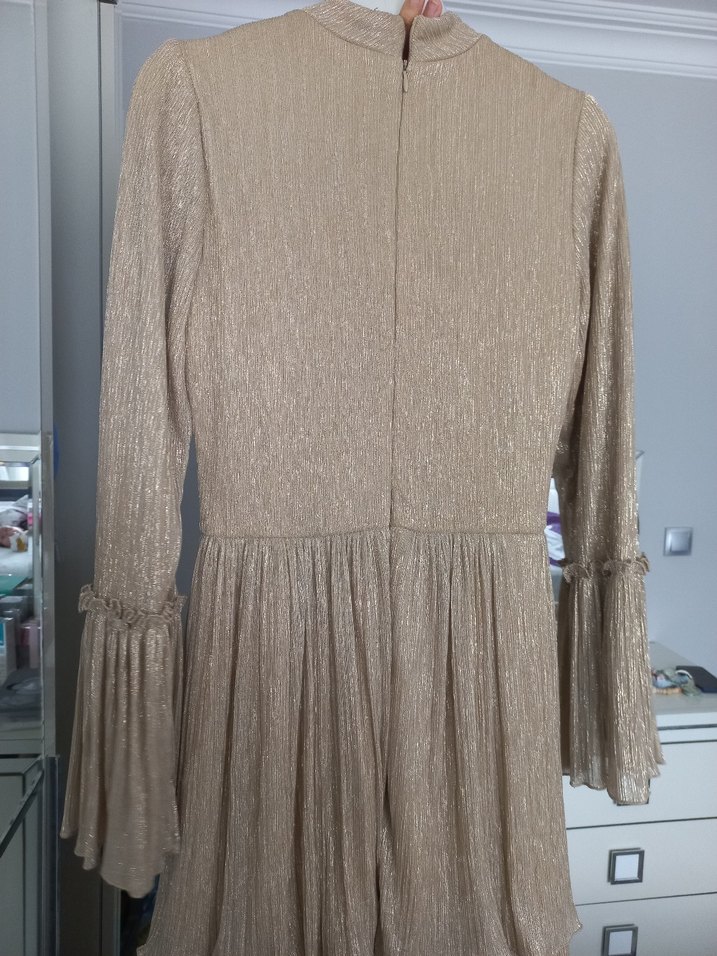 Bej Pilili Uzun Kollu Bohem Elbise - Görsel 4