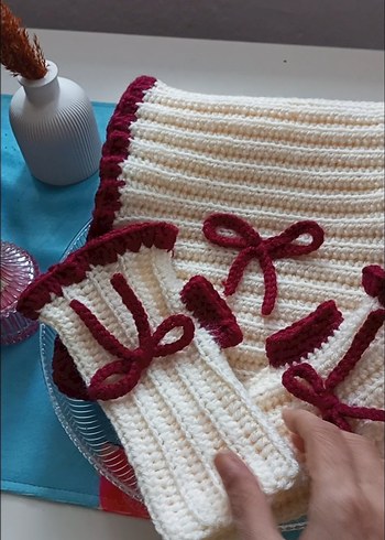 Bordo Detaylı Örgü Kadın Eldiven, Atkı - Görsel 4