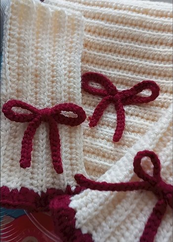 Bordo Detaylı Örgü Kadın Eldiven, Atkı - Görsel 3