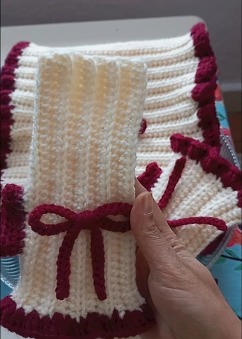 Bordo Detaylı Örgü Kadın Eldiven, Atkı - Görsel 2