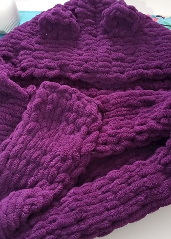 Mor Örgü yetişkin atkı,şapka Birleşik Alize puff - Görsel 2