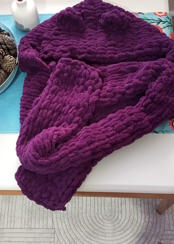 Mor Örgü yetişkin atkı,şapka Birleşik Alize puff - Görsel 3