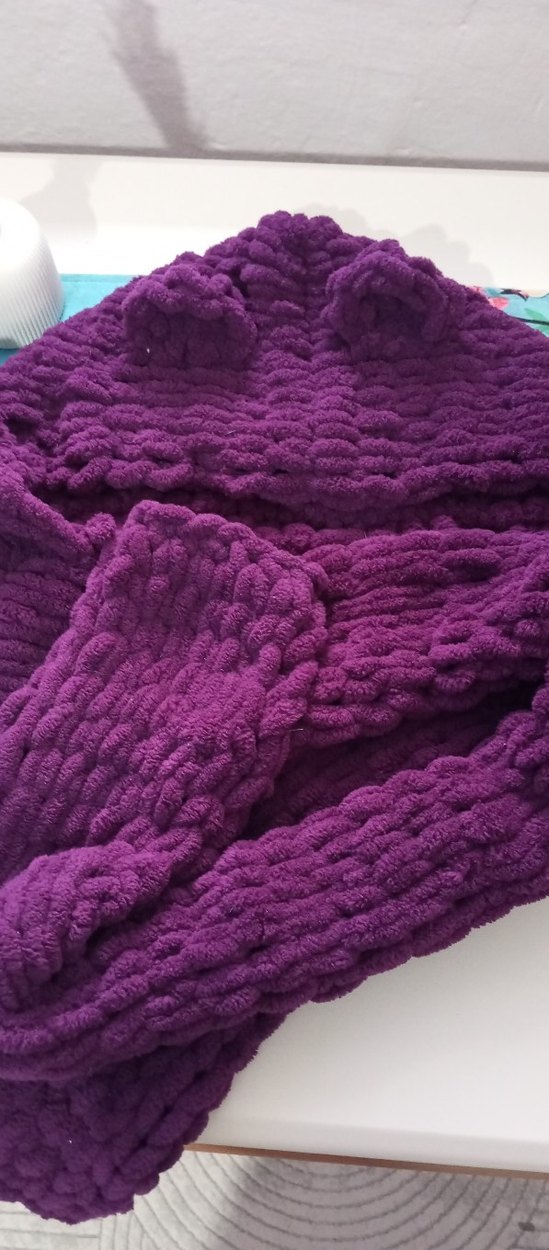 Mor Örgü yetişkin atkı,şapka Birleşik Alize puff - Görsel 2