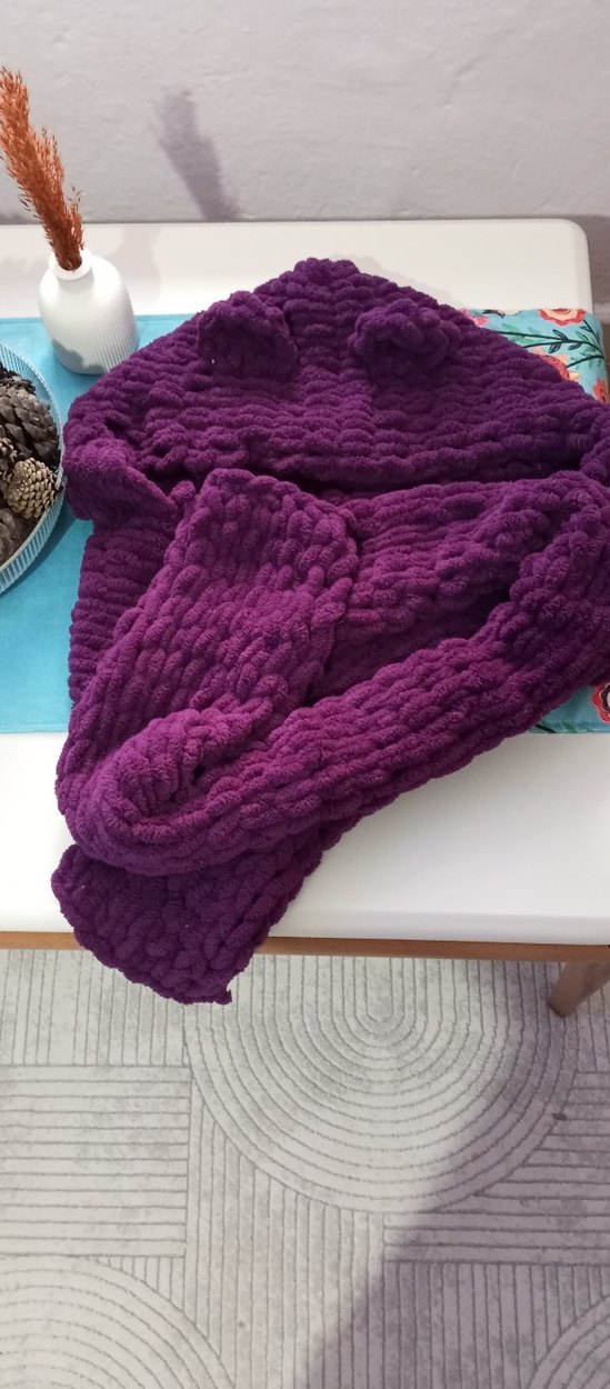 Mor Örgü yetişkin atkı,şapka Birleşik Alize puff - Görsel 3