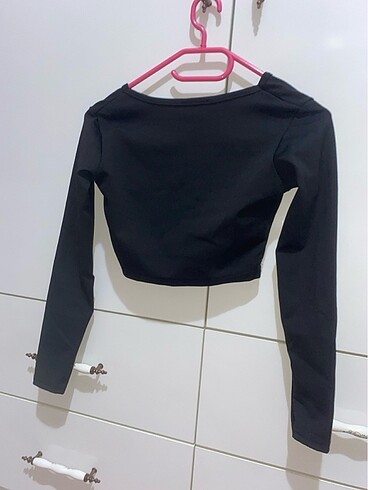 s Beden siyah Renk Siyah scuba kumaş crop v yaka tshirt