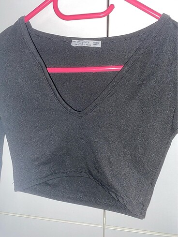 s Beden Siyah scuba kumaş crop v yaka tshirt
