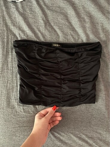 Straplez büzgülü likralı crop top bluz