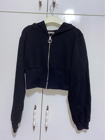 m Beden siyah Renk Zechka beli korseli kapusonlu fermuarlı crop sweatshirt