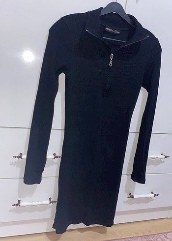 Fermuarlı Siyah Yüksek Yakalı Triko Elbise - Görsel 2