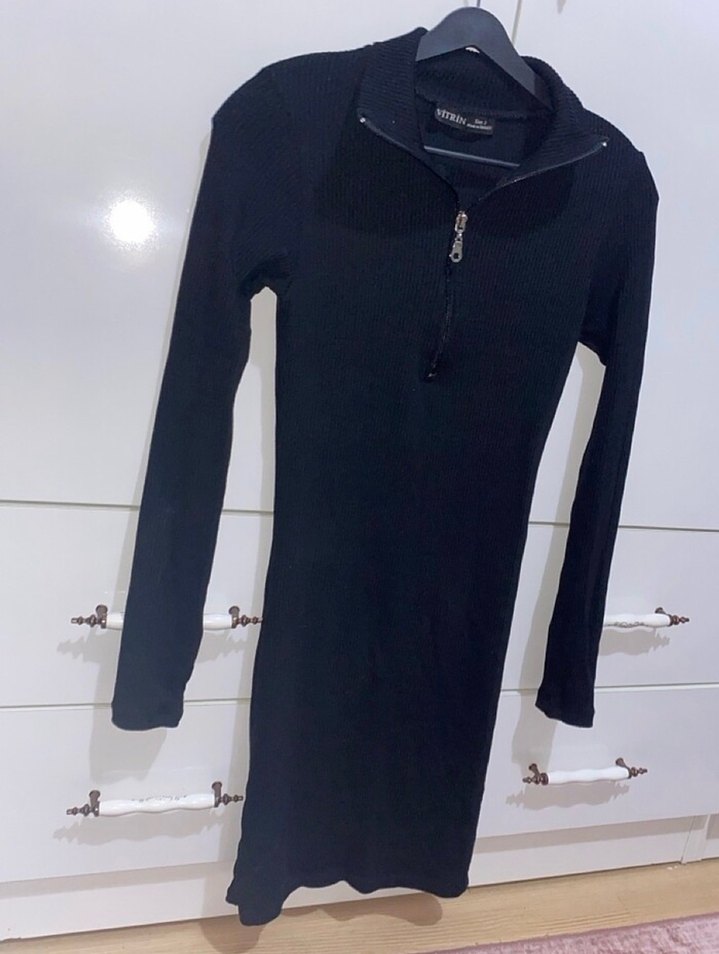 Fermuarlı Siyah Yüksek Yakalı Triko Elbise - Görsel 2