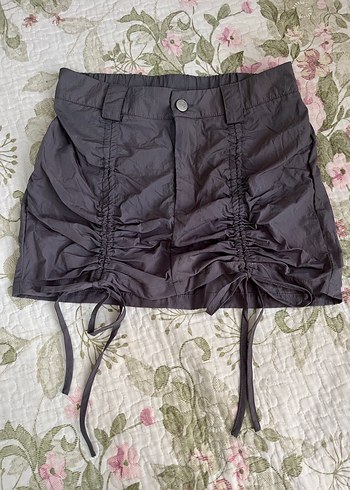 Gri Paraşüt Kumaş Büzgülü Mini Etek