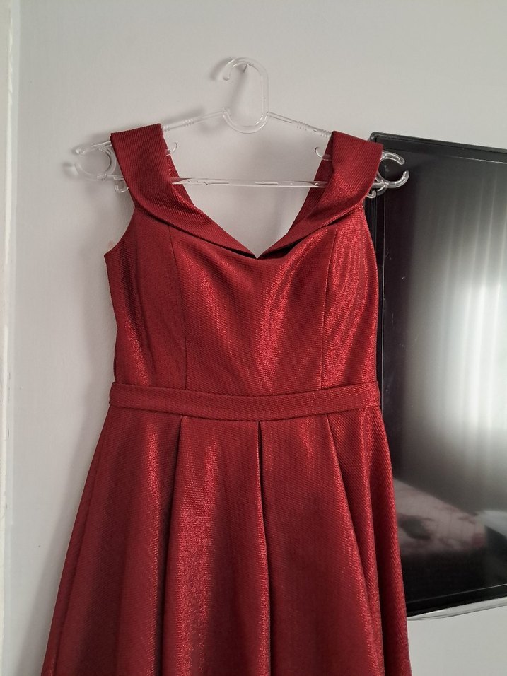 Bordo Parlak V Yaka Midi Abiye Elbise - Görsel 2