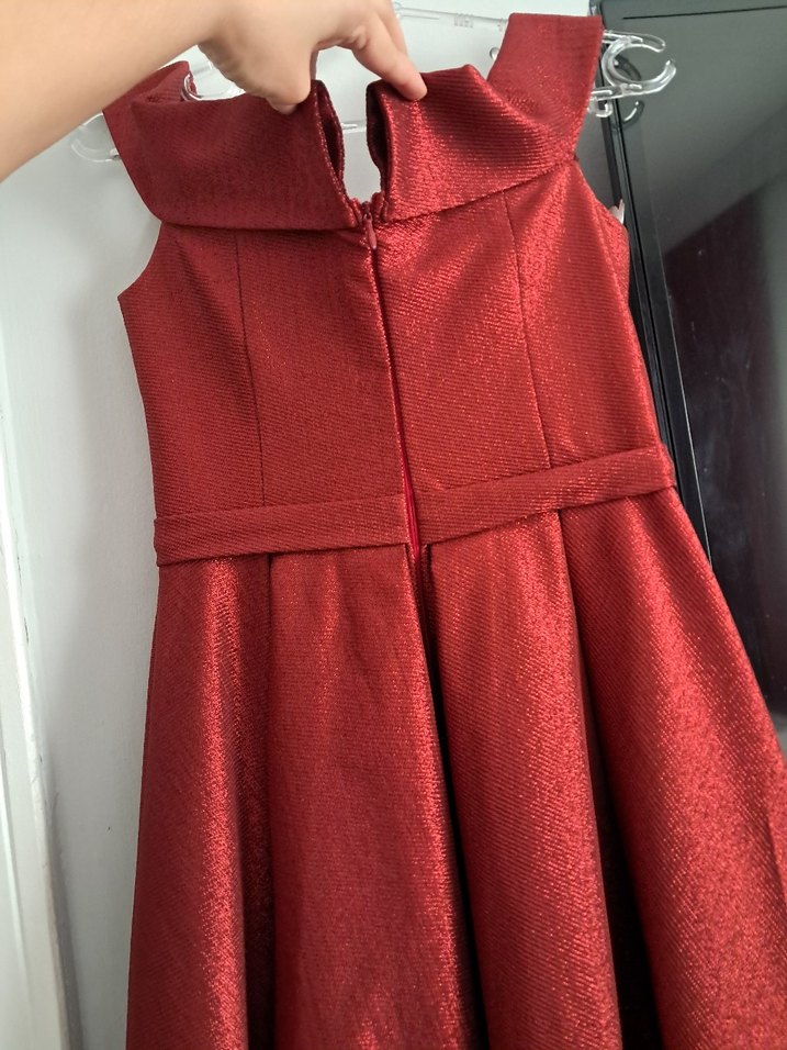 Bordo Parlak V Yaka Midi Abiye Elbise - Görsel 3