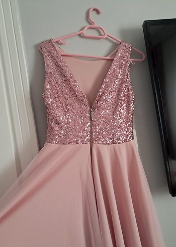 Pembe Payetli Midi Abiye Elbise - Görsel 3