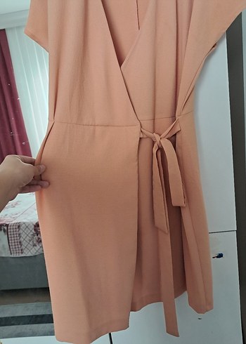 somon renk Midi V Yaka Salaş Elbise - Görsel 2