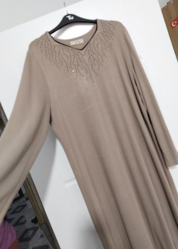 Bej Nakışlı Uzun Keten Elbise - Görsel 2