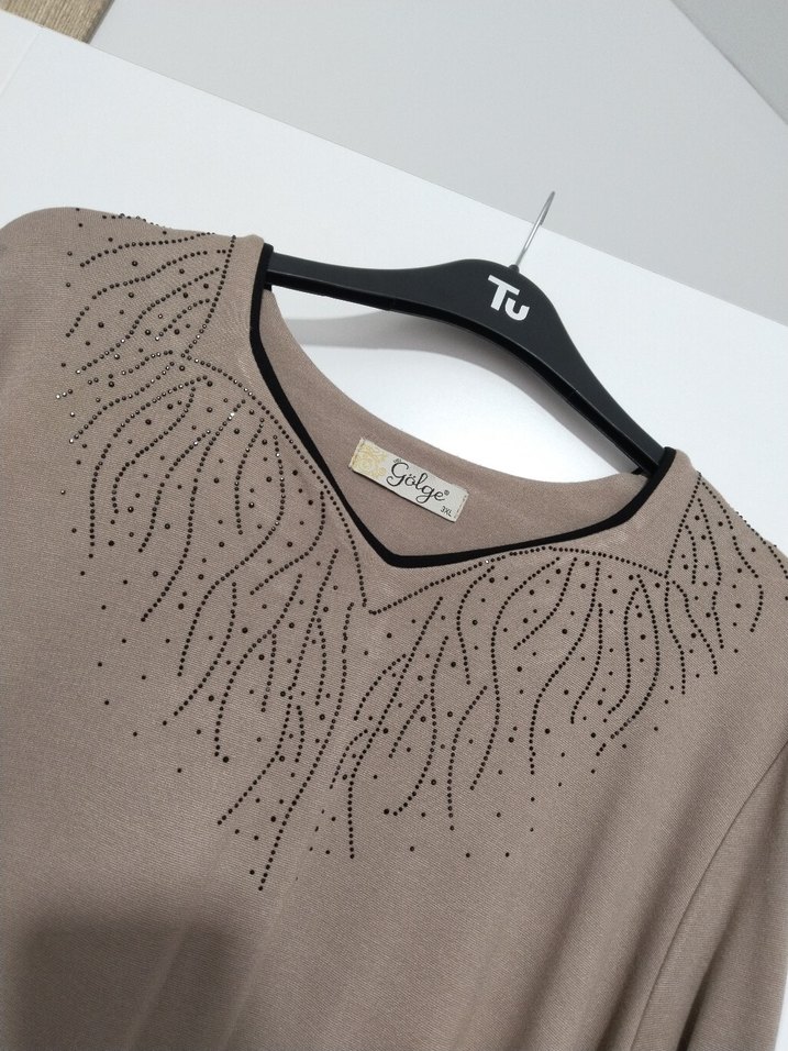 Bej Nakışlı Uzun Keten Elbise - Görsel 3