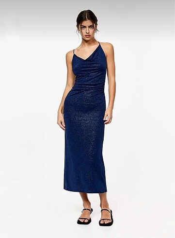 Pull and Bear Pull&Bear Drapeli Metalik Midi Elbise