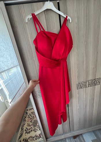 Parlak Kırmızı Drapeli Midi Kadın Elbise - Görsel 3