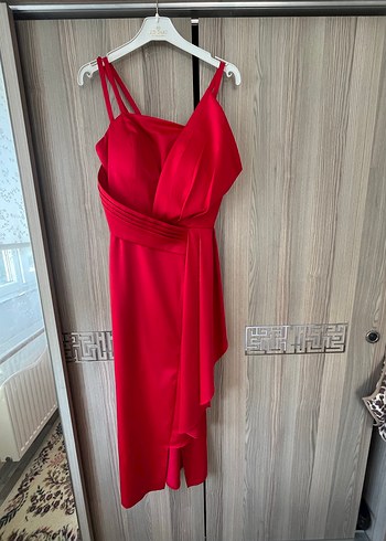 Parlak Kırmızı Drapeli Midi Kadın Elbise - Görsel 2