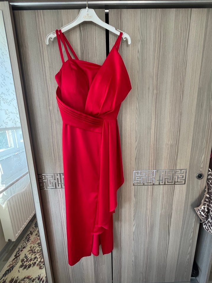 Parlak Kırmızı Drapeli Midi Kadın Elbise - Görsel 2