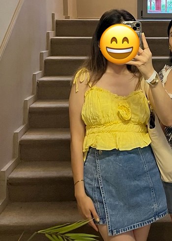 Sarı Fırfırlı Askılı Keten Bluz - Görsel 2