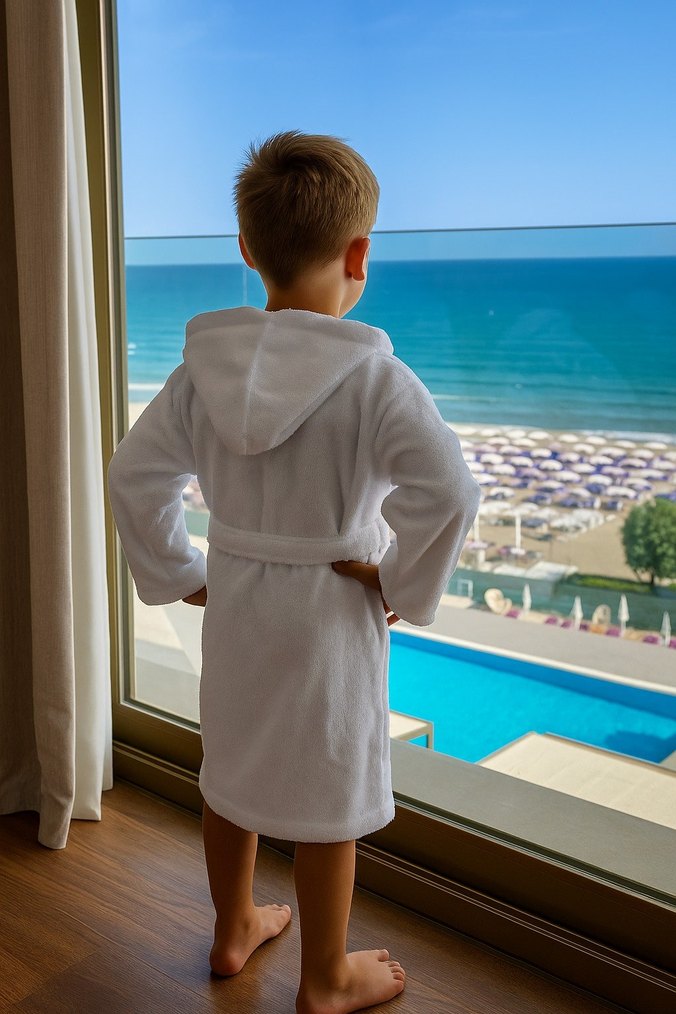 4.6.8.10 yaş Kapüşonlu Beyaz Erkek kız Çocuk Bornoz - Görsel 2