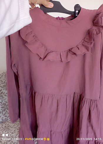 Gül kurusu Uzun Kollu Fırfırlı Elbise - Görsel 3