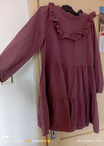 Gül kurusu Uzun Kollu Fırfırlı Elbise - Görsel 2