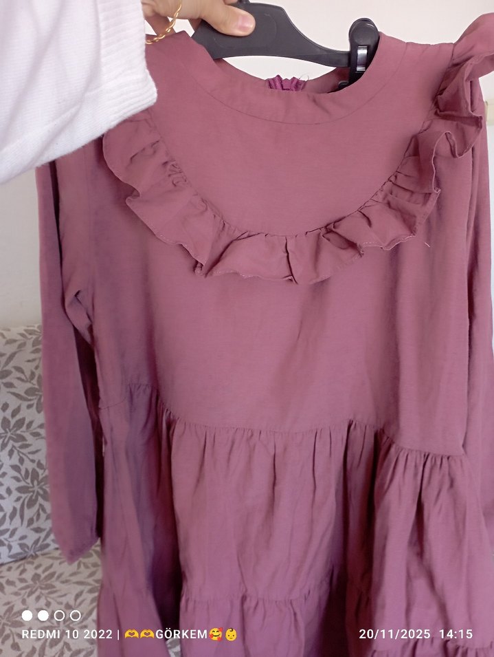 Gül kurusu Uzun Kollu Fırfırlı Elbise - Görsel 3