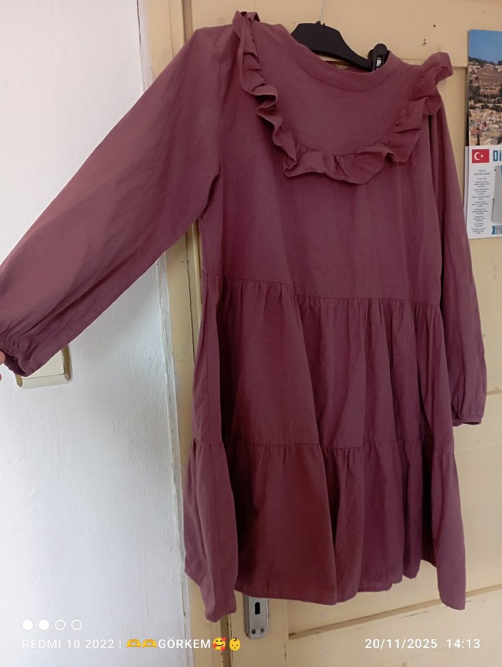 Gül kurusu Uzun Kollu Fırfırlı Elbise - Görsel 2