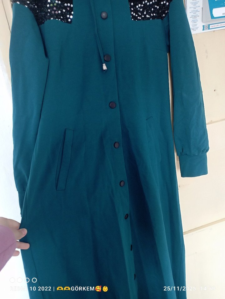 Düğmeli Uzun Mavi Kadın Kaban - Görsel 2