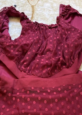 Bordo Straplez Fırfırlı Midi Bohem Elbise - Görsel 3