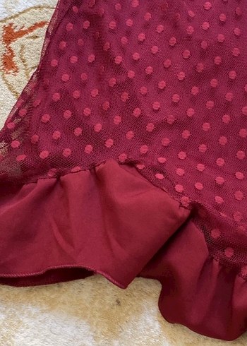 Bordo Straplez Fırfırlı Midi Bohem Elbise - Görsel 4