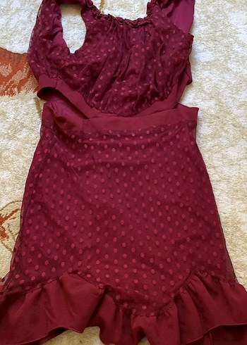 Bordo Straplez Fırfırlı Midi Bohem Elbise - Görsel 2