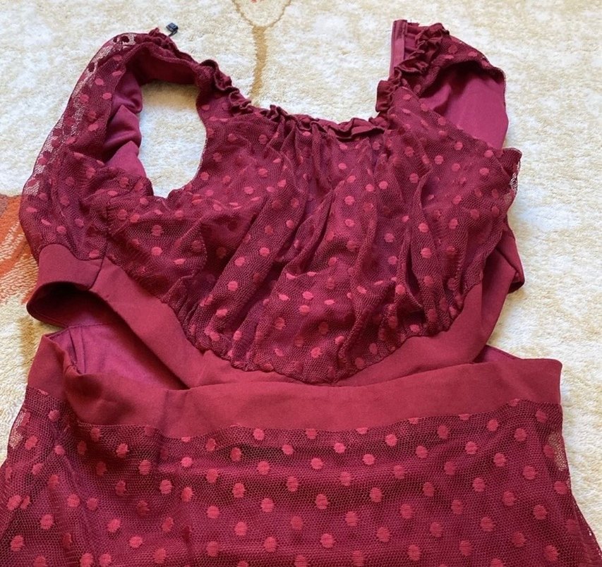 Bordo Straplez Fırfırlı Midi Bohem Elbise - Görsel 3