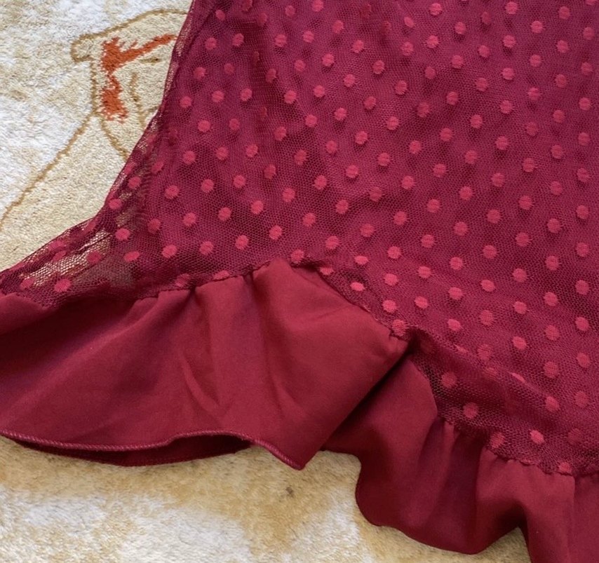 Bordo Straplez Fırfırlı Midi Bohem Elbise - Görsel 4