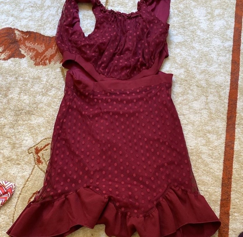 Bordo Straplez Fırfırlı Midi Bohem Elbise - Görsel 2