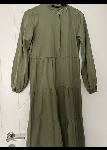 Kadın Haki Uzun Keten Elbise - Görsel 3