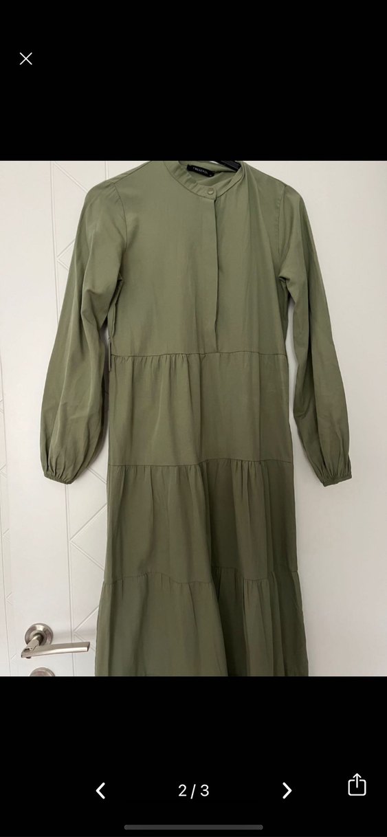 Kadın Haki Uzun Keten Elbise - Görsel 3