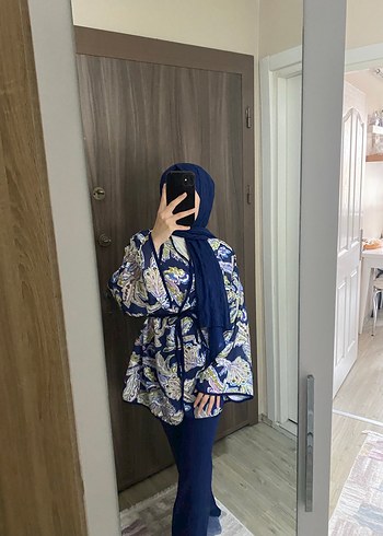 Kadın hewes line  Mavi Bağcıklı Uzun Kollu Kimono - Görsel 2