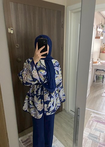Kadın hewes line  Mavi Bağcıklı Uzun Kollu Kimono - Görsel 4