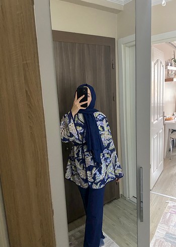 Kadın hewes line  Mavi Bağcıklı Uzun Kollu Kimono - Görsel 3