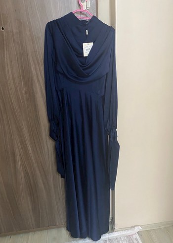 Mavi Uzun Kollu Drapeli Kadın Elbise - Görsel 3