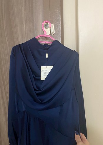 Mavi Uzun Kollu Drapeli Kadın Elbise - Görsel 2