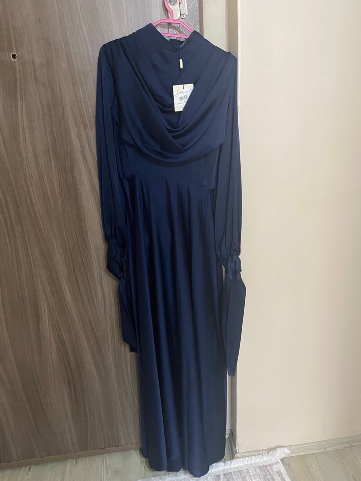 Mavi Uzun Kollu Drapeli Kadın Elbise - Görsel 3