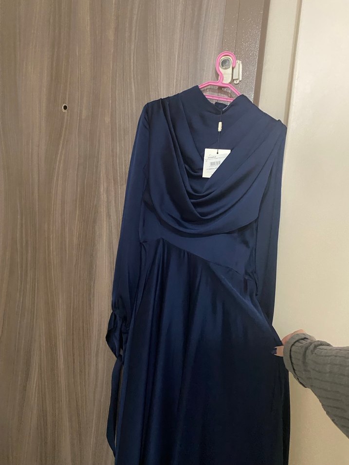 Mavi Uzun Kollu Drapeli Kadın Elbise - Görsel 4